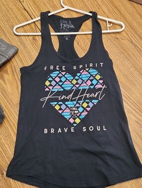 PINK Victoria's Secret Black Racerback Tank with Multicolor Geometric Heart